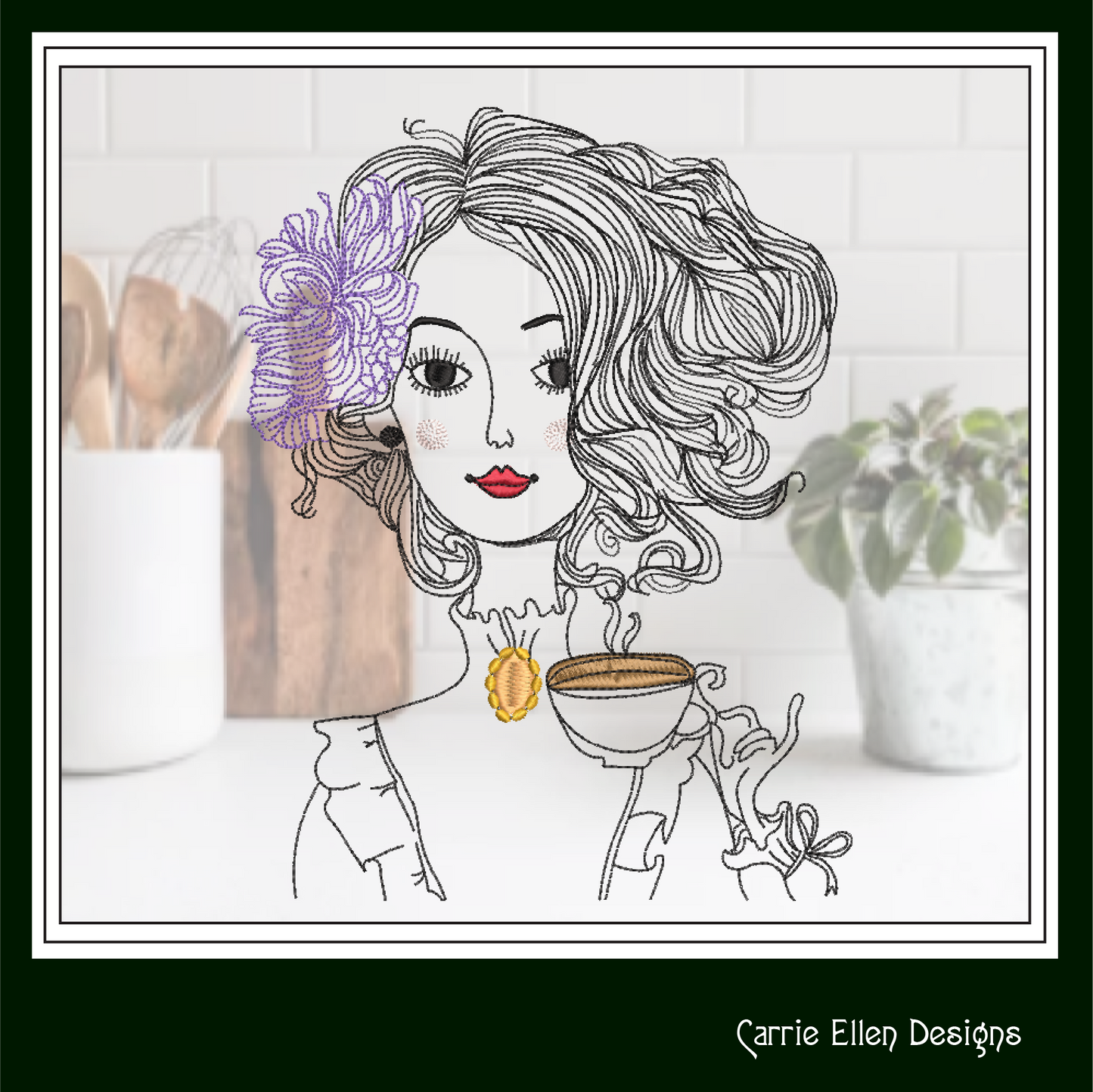 Vintage Victorian Lady Drinking Tea – Machine Embroidery Design – Tea Party Guest Line Art Sketch – 6 Sizes (1461)