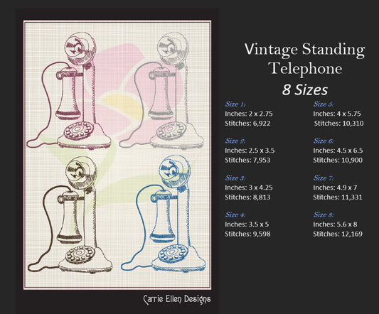 Vintage Standing Telephone Sketch Machine Embroidery Design – Retro Rotary Phone Line Art, 8 Sizes (1059)