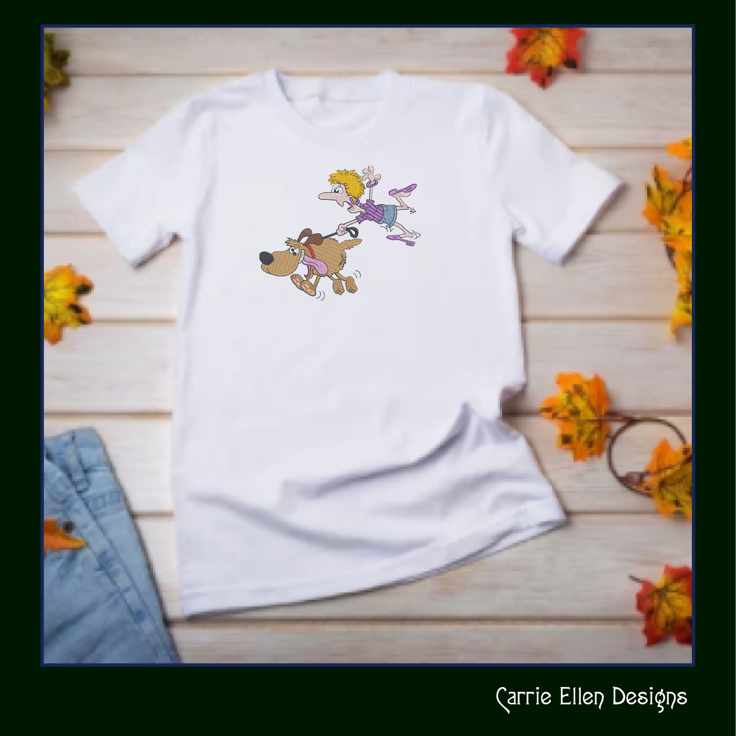 Lady Being Pulled By Her Dog Machine Embroidery Design – Funny Dog Lover Cartoon, 6 Sizes (1062)