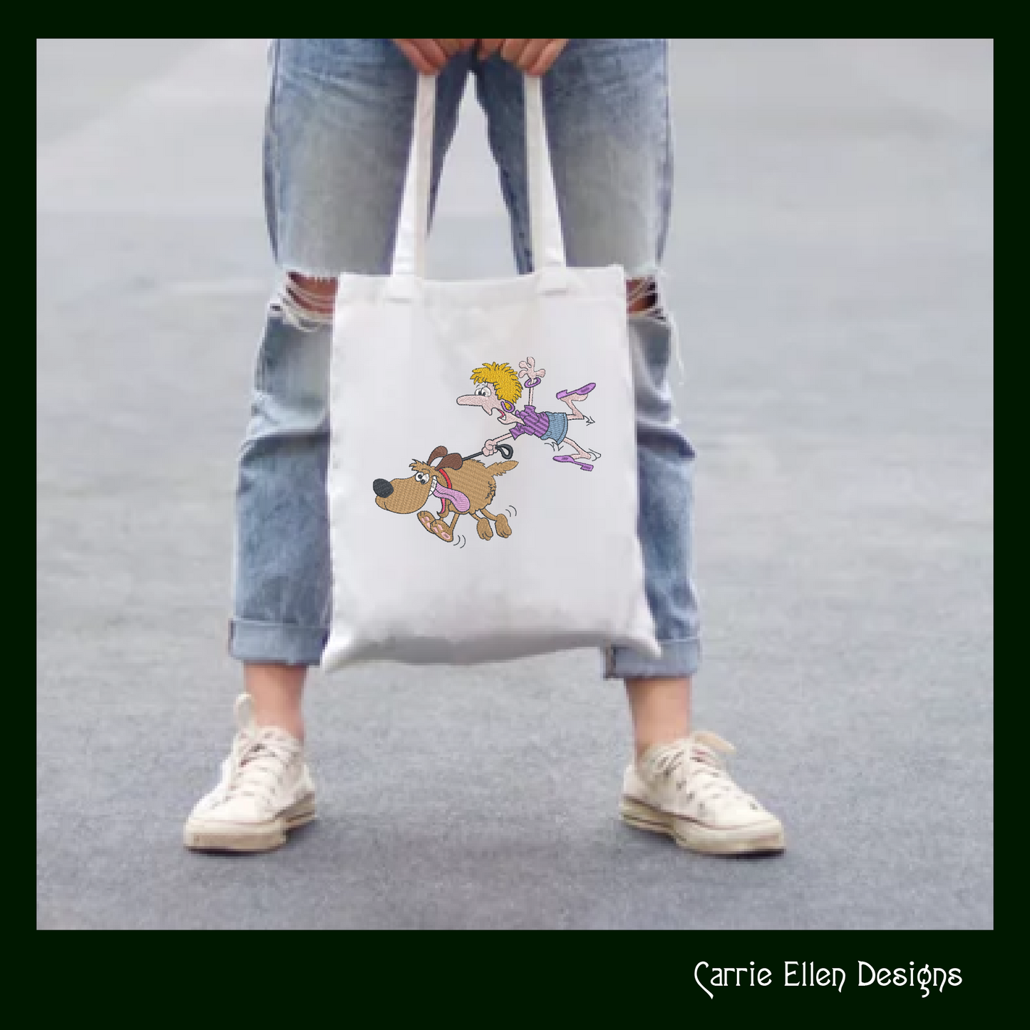Lady Being Pulled By Her Dog Machine Embroidery Design – Funny Dog Lover Cartoon, 6 Sizes (1062)