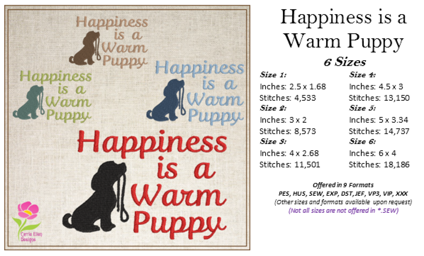 Happiness is a Warm Puppy Machine Embroidery Design Saying, Dog & Puppy Inspirational Pet Quote, 6 Sizes (0500)