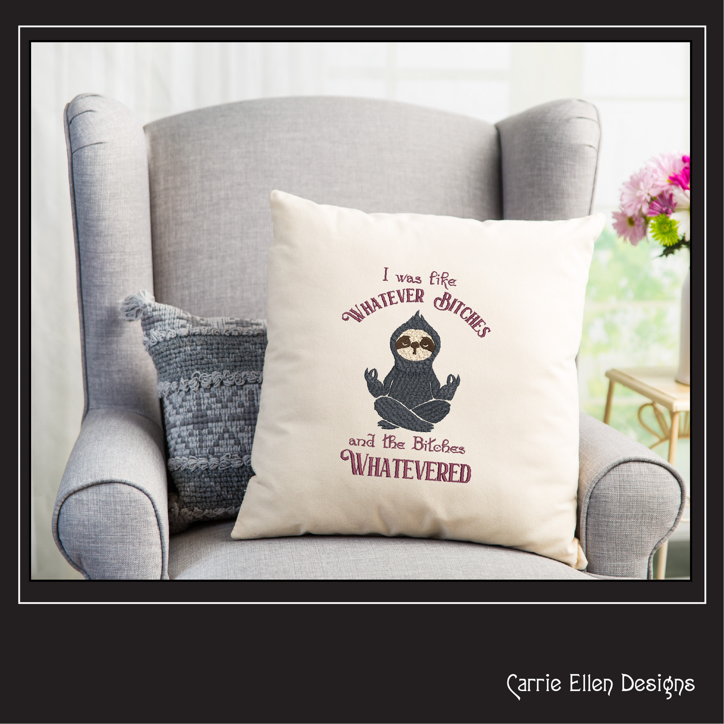 Sloth Machine Embroidery Design – "Whatever Bitches" Sloth Meditating Design – Funny Sarcastic Quote – 6 Sizes (1202)