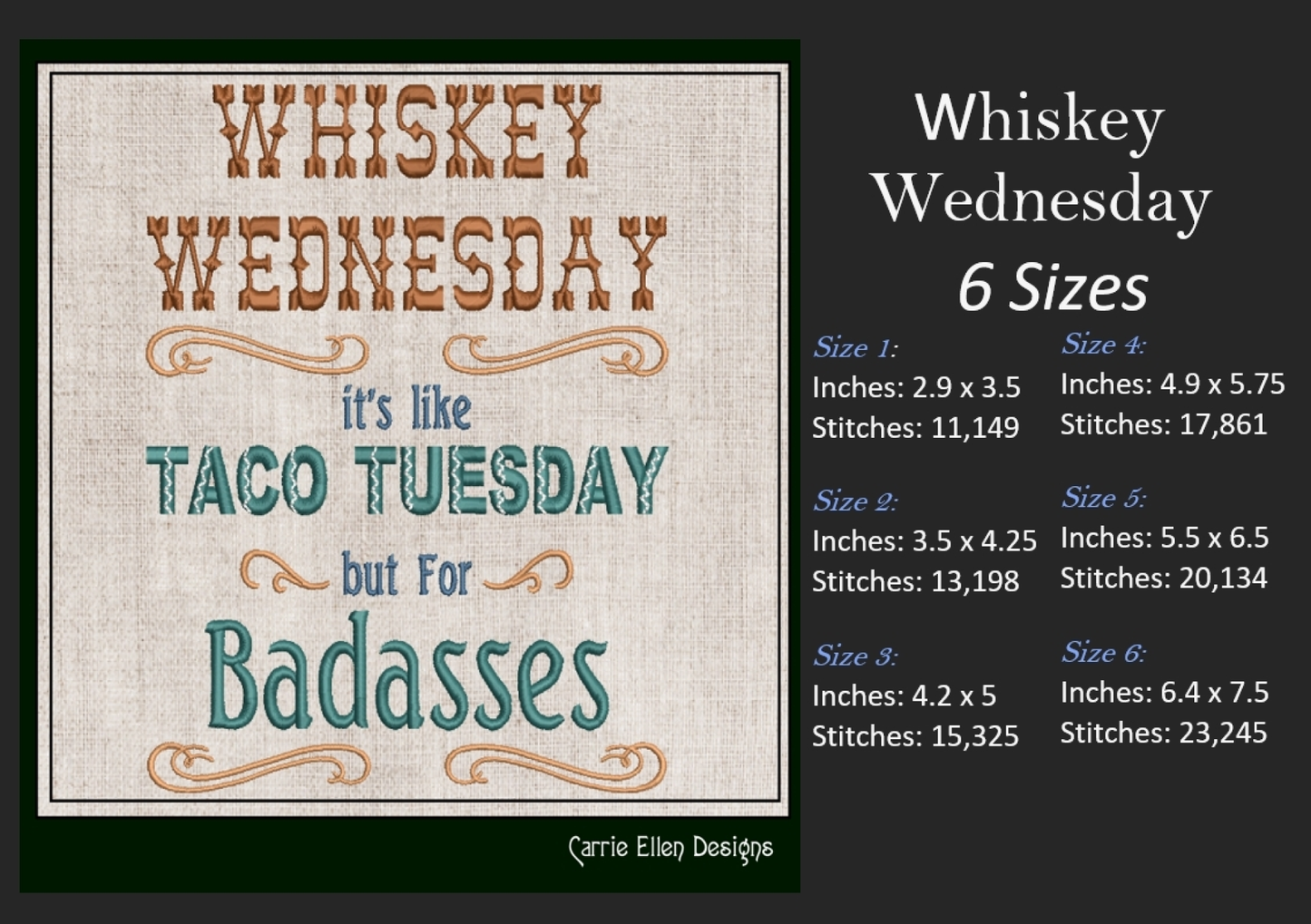Whiskey Wednesday Taco Tuesday Machine Embroidery Design | Food and Drink Quote Pattern, 6 Sizes (1724)