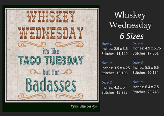 Whiskey Wednesday Taco Tuesday Machine Embroidery Design | Food and Drink Quote Pattern, 6 Sizes (1724)