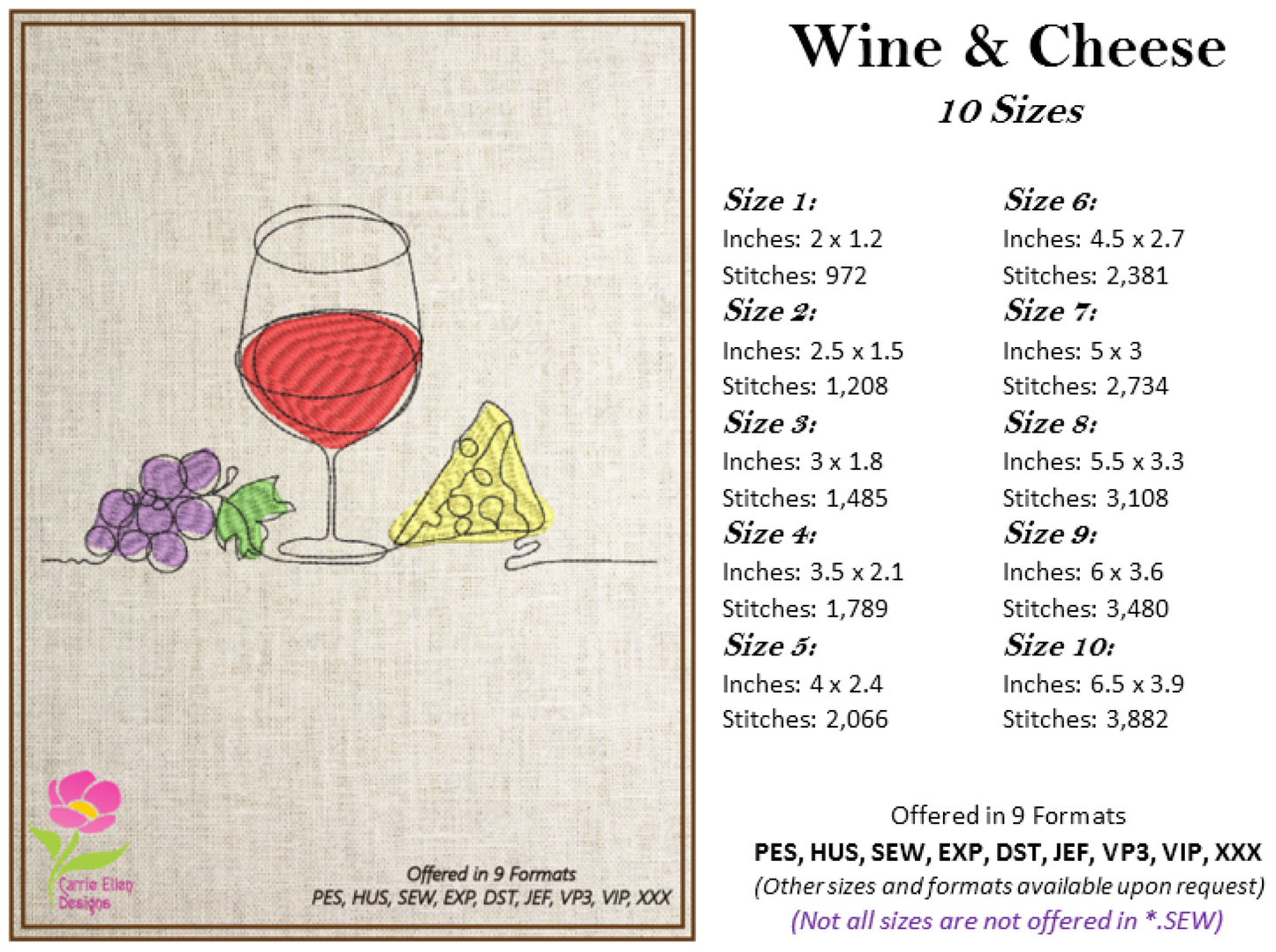 Wine and Cheese Machine Embroidery Design – Line Art Wine Glass with Grapes and Cheese – Wine Tote, Kitchen, Bar Décor – 10 Sizes (0183)