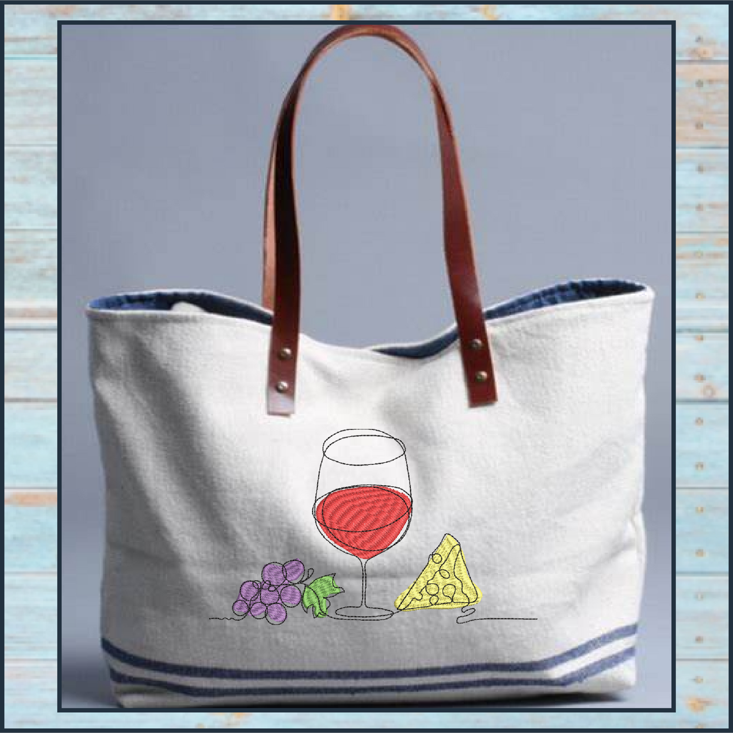 Wine and Cheese Machine Embroidery Design – Line Art Wine Glass with Grapes and Cheese – Wine Tote, Kitchen, Bar Décor – 10 Sizes (0183)