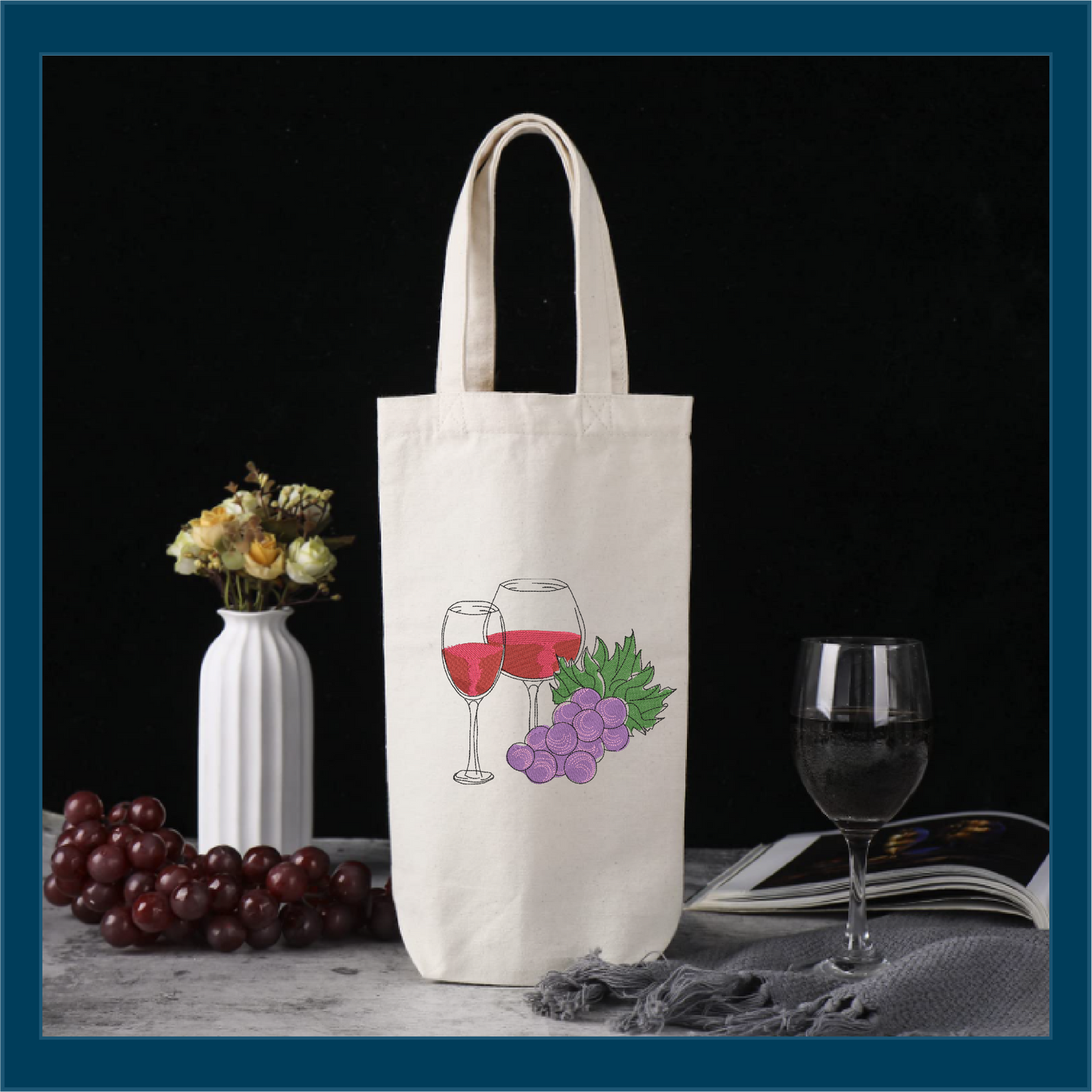 Wine and Grapes Machine Embroidery Design – Wine Glass & Grape Vine Pattern – Elegant Kitchen, Bar, and Gift Embroidery – 10 Sizes (0184)