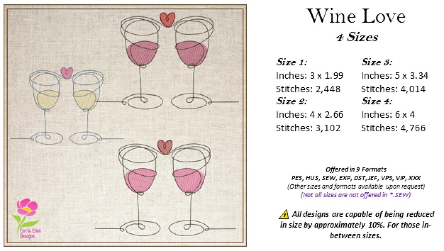 Wine Toast Machine Embroidery Design – Valentine’s Day Celebration, Wine Glass Love Embroidery, Romantic Toast Pattern, 4 Sizes (0452)
