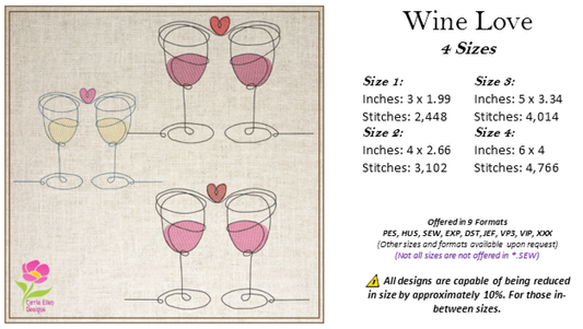 Wine Toast Machine Embroidery Design – Valentine’s Day Celebration, Wine Glass Love Embroidery, Romantic Toast Pattern, 4 Sizes (0452)