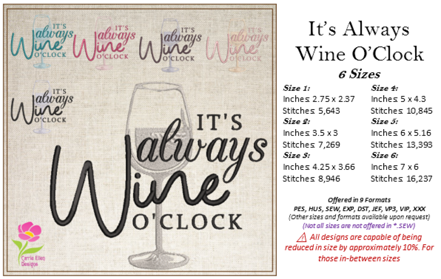 It’s Always Wine O’Clock Machine Embroidery Design | Wine Glass Embroidered Sayings | Fun Wine Quotes Embroidery | 6 Sizes (0591)