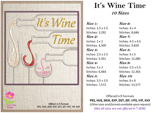 Time for Wine Machine Embroidery Design – Red Wine, White Wine, Zinfandel – Wine Glasses & Bottle – 10 Sizes (0182)