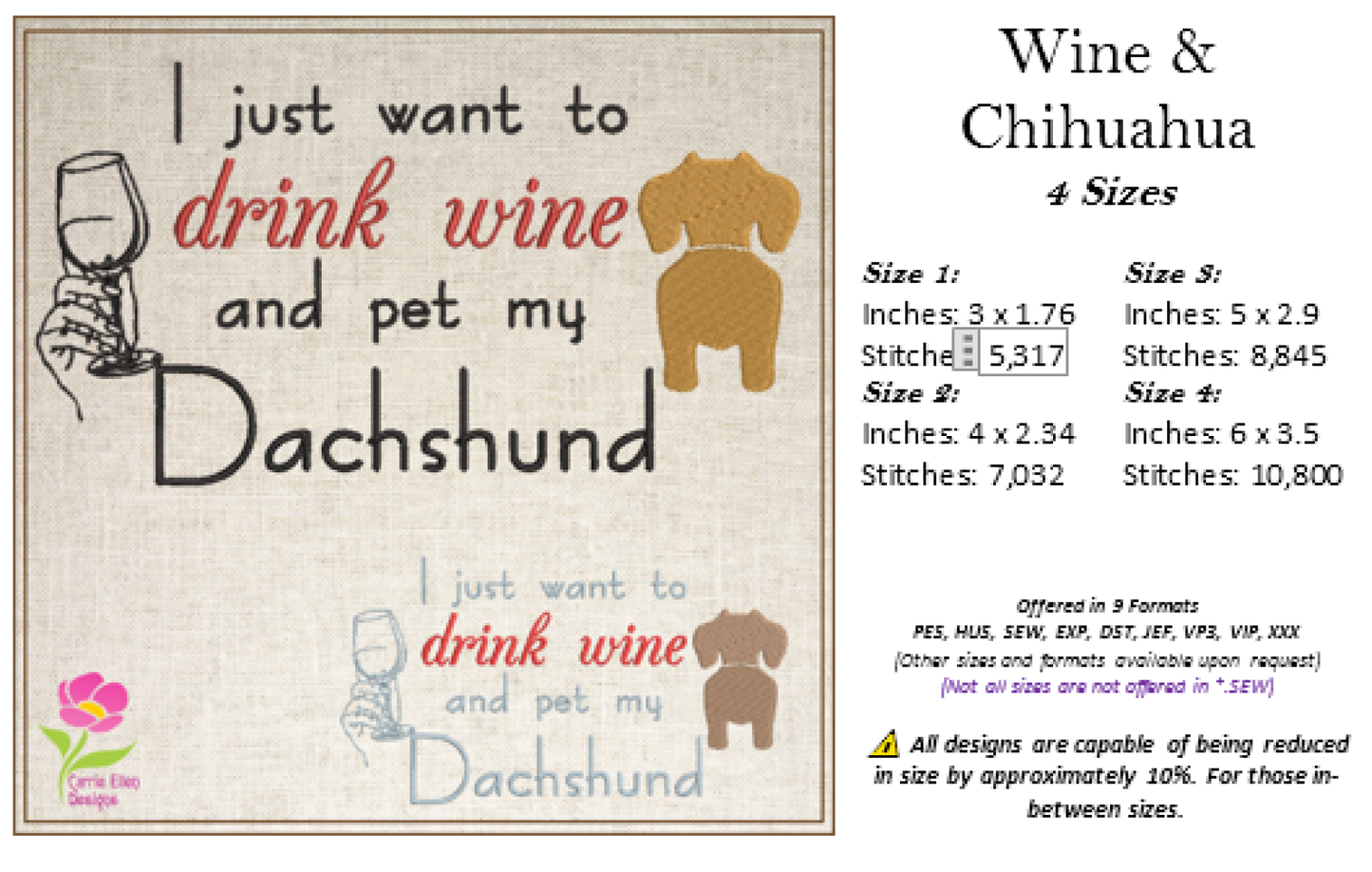 Wine and Dachshund Embroidery Design – Drink Wine & Pet My Dachshund Quote, Dog Lover Machine Embroidery, 4 Sizes (0433)