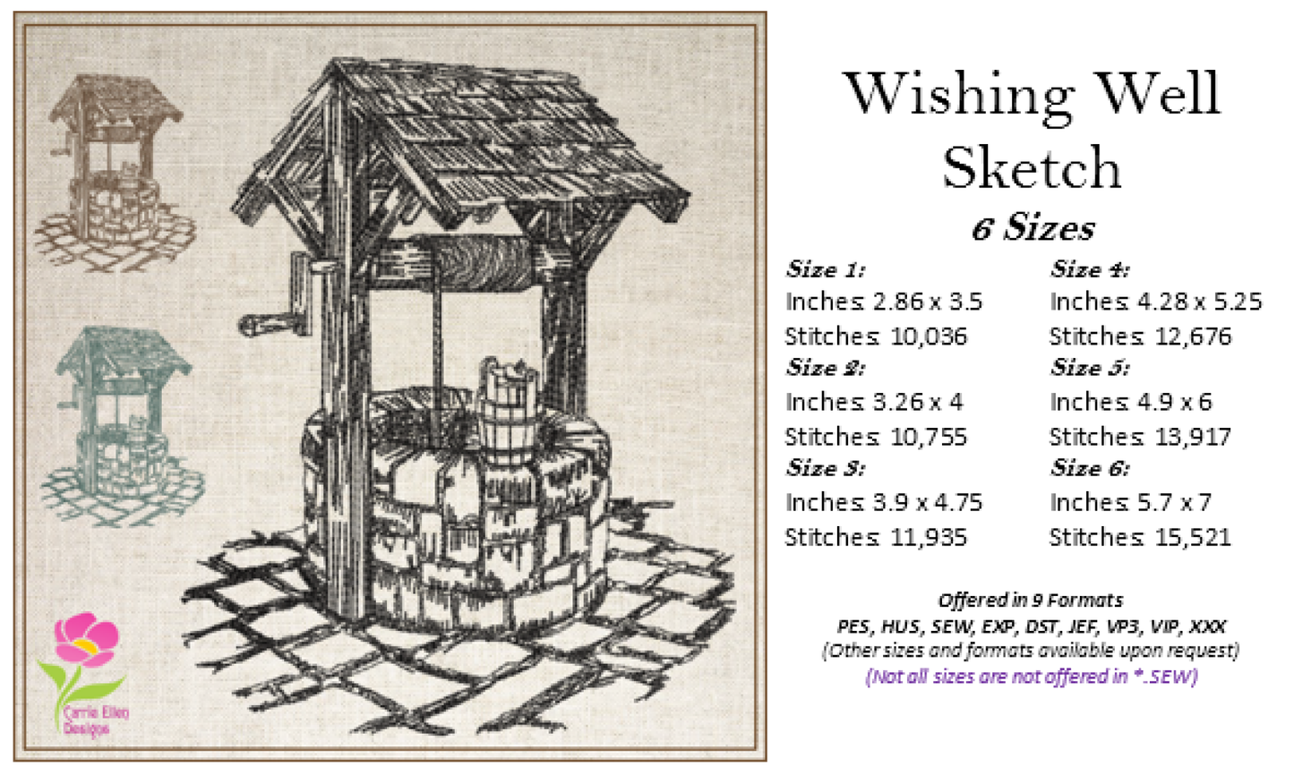Wishing Well Sketch Machine Embroidery Design | Artistic Landscape Line Art | 6 Sizes (0691)