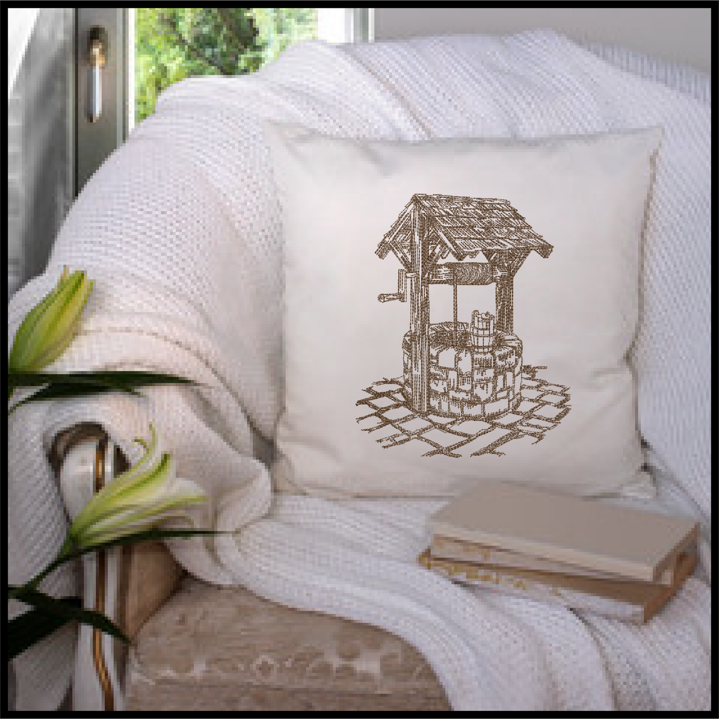 Wishing Well Sketch Machine Embroidery Design | Artistic Landscape Line Art | 6 Sizes (0691)