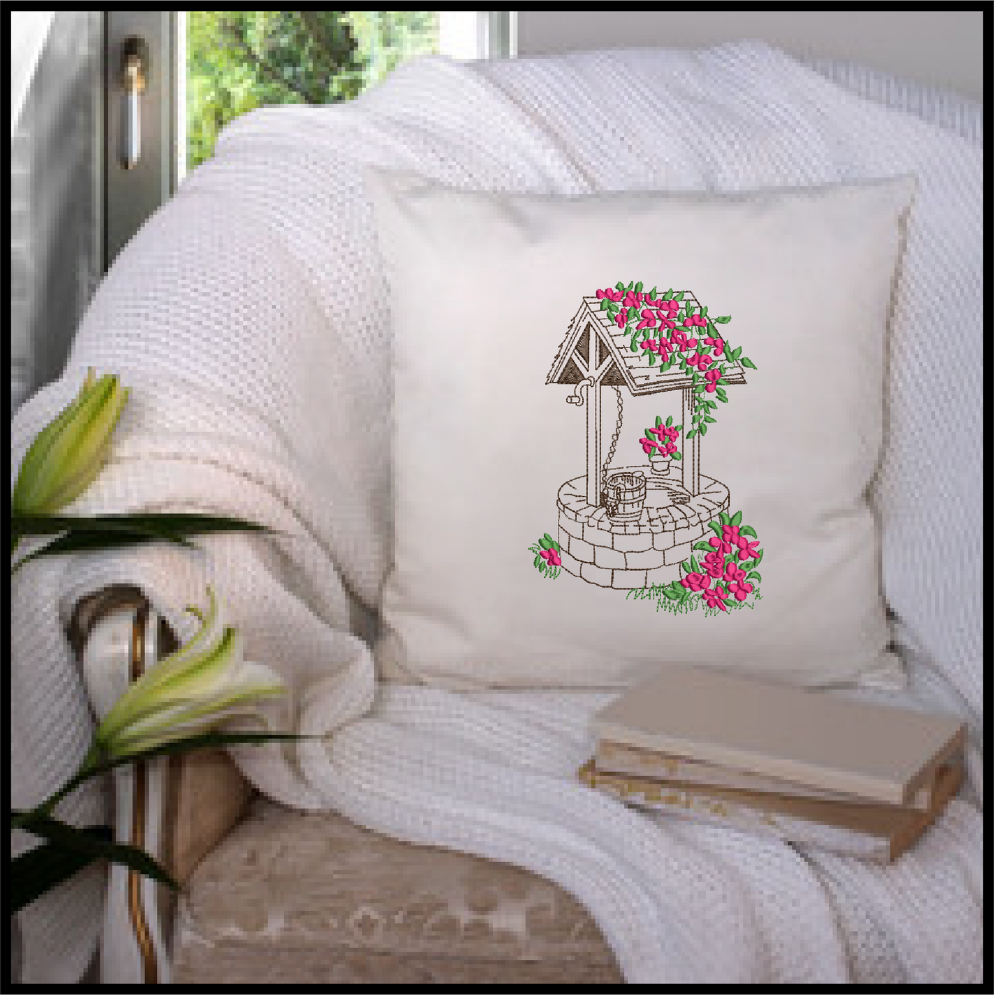 Wishing Well Machine Embroidery Design | Artistic Sketch Landscape | Home and Garden Line Art | 6 Sizes (0732)