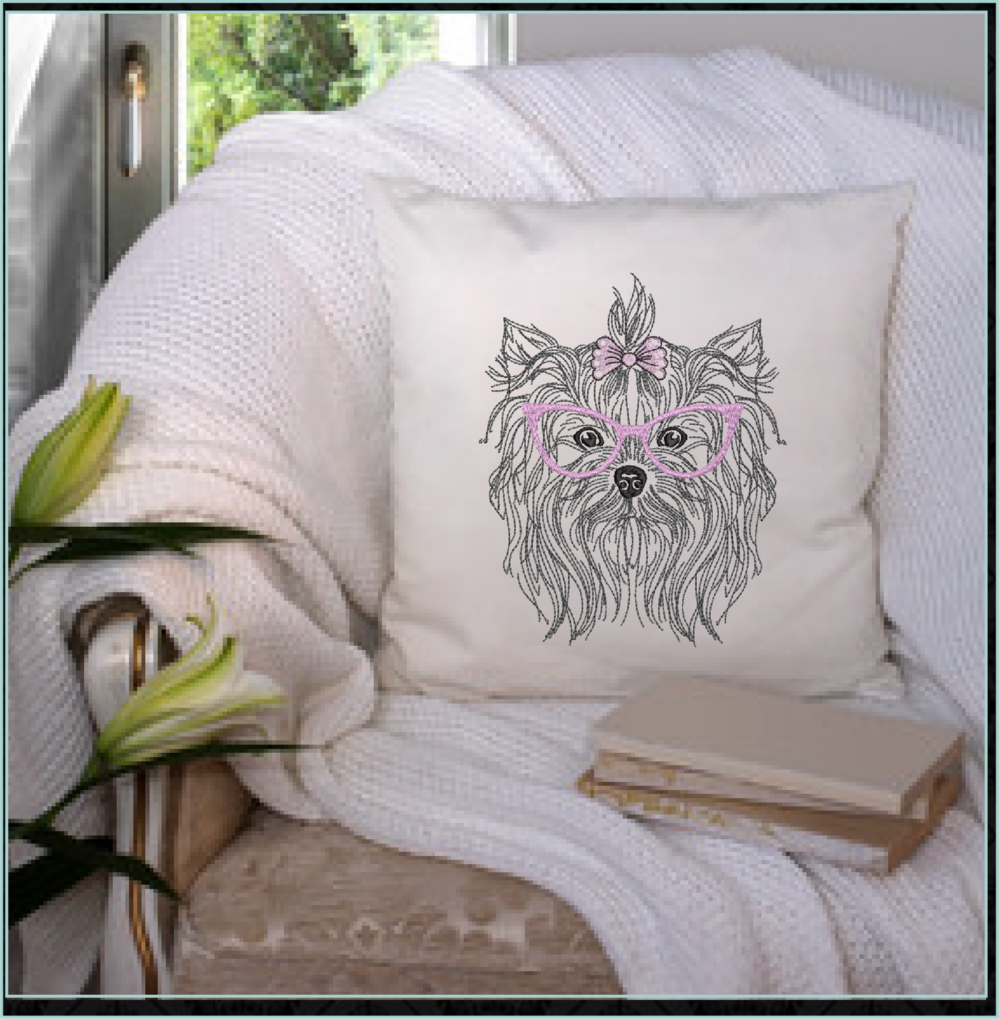 Yorkshire Terrier with Glasses and Bow Machine Embroidery Design | Cute Pet Yorkie Dog Embroidery | Yorkie Sketch Design | 6 Sizes (0803)