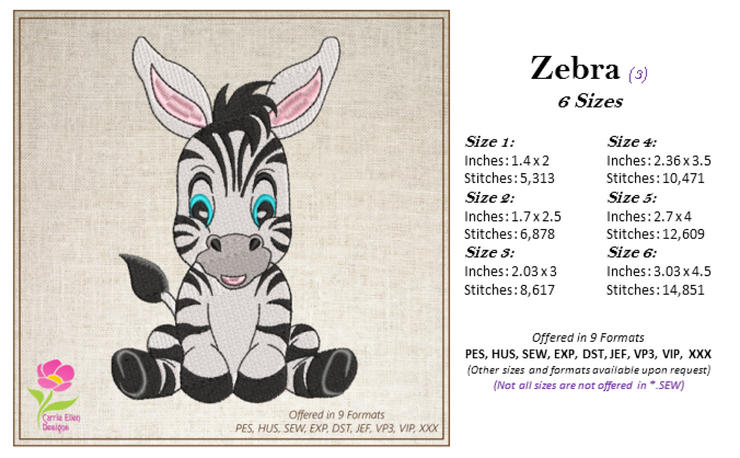 Zebra Machine Embroidery Design – Sitting Cartoon Zebra for Baby & Kids – Cute Jungle Animal Embroidery – 6 Sizes (0228)