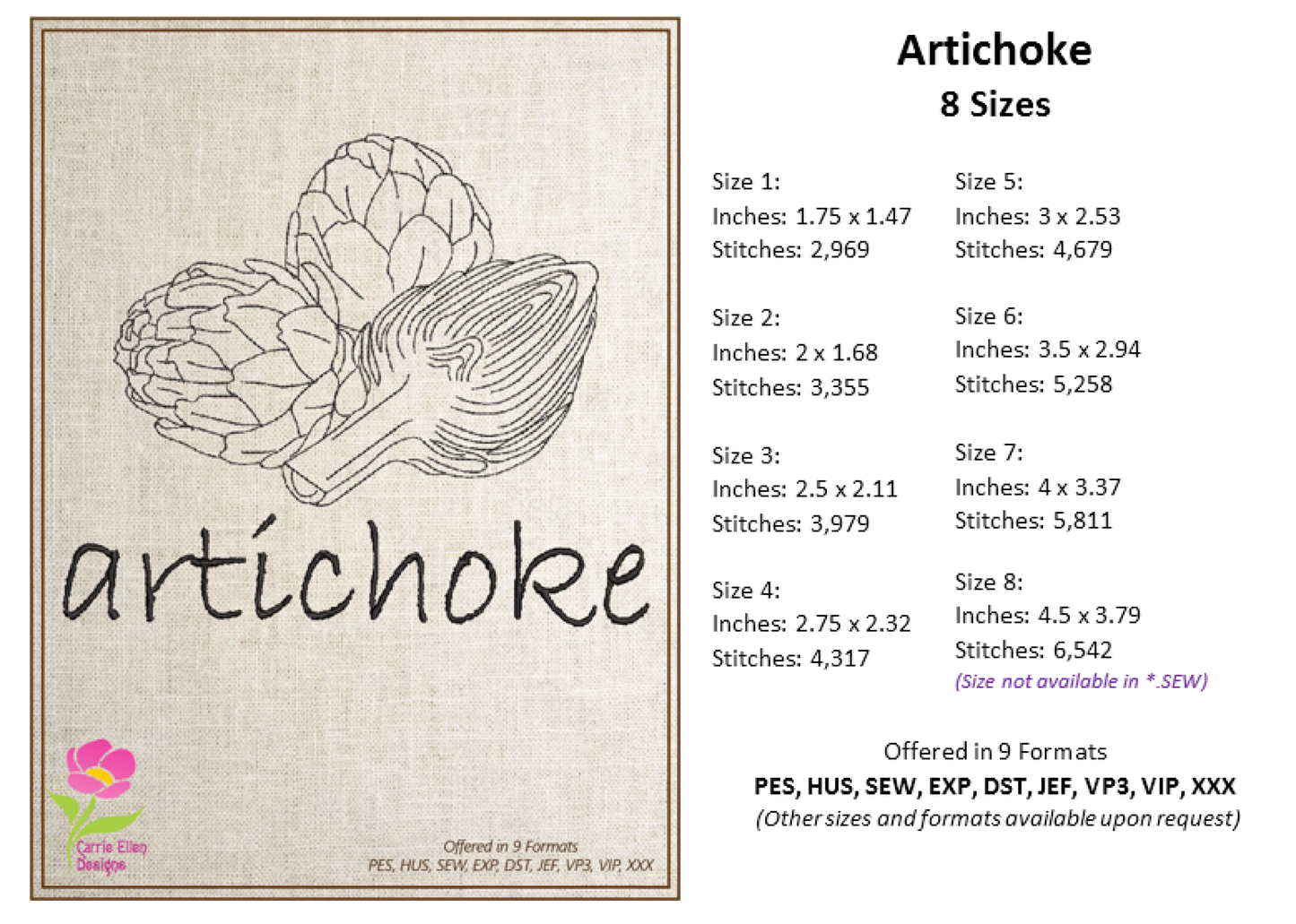 Artichoke Machine Embroidery Design Bundle – Fruit and Vegetable Embroidery, 5 Unique Designs in 8 Sizes Each (0450)