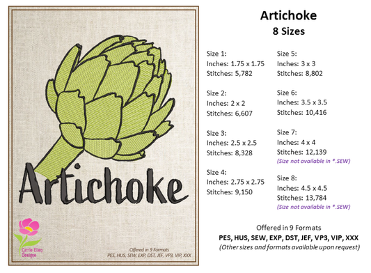 Artichoke Machine Embroidery Design Bundle – Fruit and Vegetable Embroidery, 5 Unique Designs in 8 Sizes Each (0450)