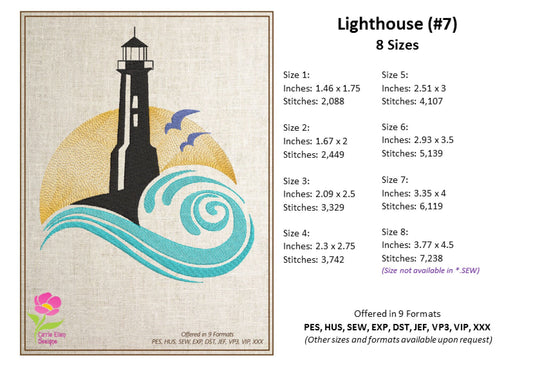 Lighthouse Machine Embroidery Design - Coastal Island Light House - Seaside Landscape Embroidery File, 8 Sizes (0645)