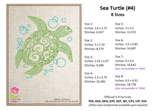 Sea Turtle Machine Embroidery Design, Animal Embroidery, Ocean Tortoise, Marine Animal, 8 Sizes (0290)
