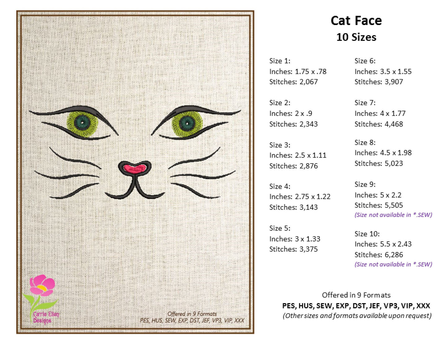 Cat Face Machine Embroidery Design, Pet Embroidery, Cute Cat Cartoon Design, 10 Sizes (0308)