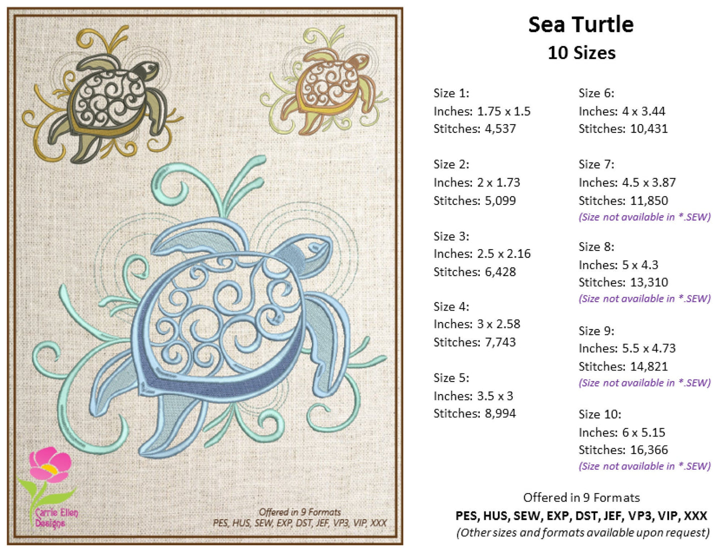 Sea Turtle Embroidery Design Bundle, Turtle Embroidery Design, Machine Embroidery Design, Sea Life Design, 8 Individual Designs (0357)