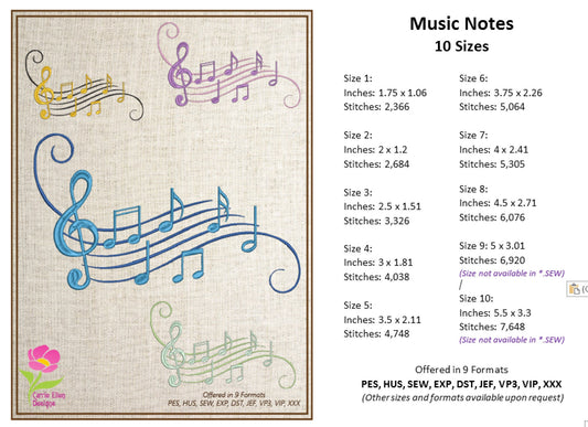 Music Note Machine Embroidery Design – Treble Clef & Musical Chord Pattern, 10 Sizes(0503)
