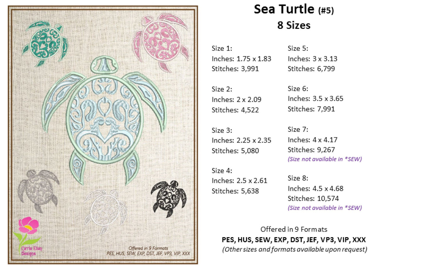 Sea Turtle Embroidery Design Bundle, Turtle Embroidery Design, Machine Embroidery Design, Sea Life Design, 8 Individual Designs (0357)