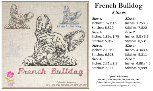 French Bulldog Sketch Machine Embroidery Design – Frenchie Line Art Dog Pattern, 8 Sizes (0492)