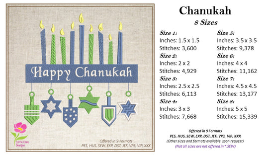 Happy Chanukah Machine Embroidery Design, Menorah Embroidery Pattern, Menorah Candles Design, Star of David Pattern, 8 Sizes, (0156)