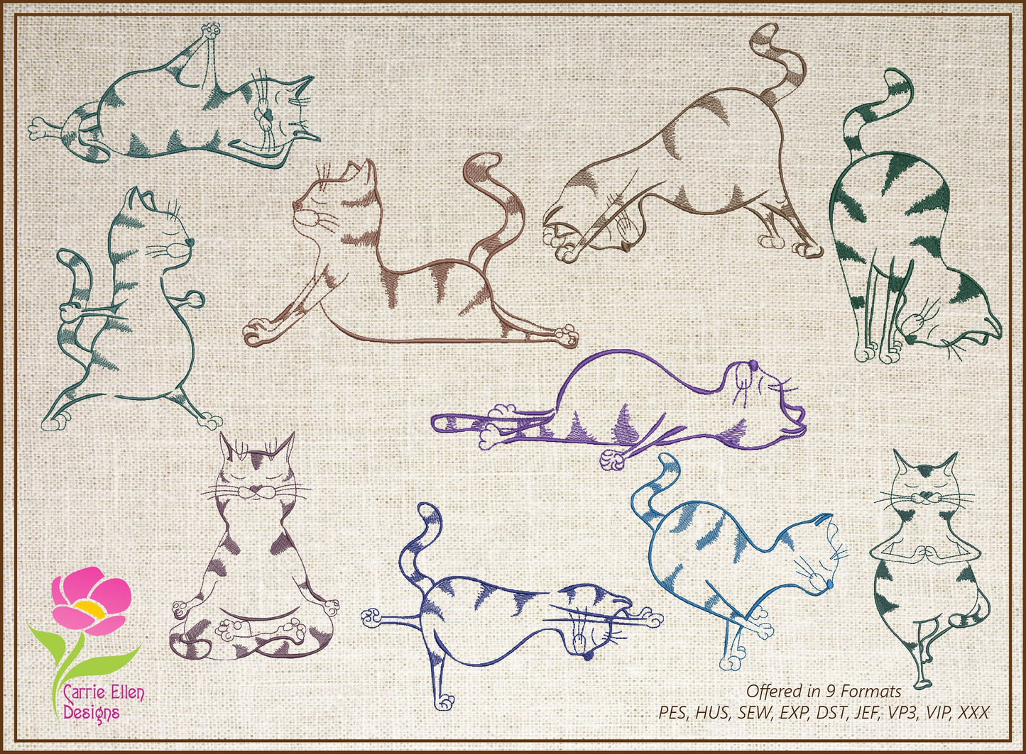 Yoga Cats Bundle Machine Embroidery Designs, Cat Yoga Poses Embroidery, Humorous Funny Animal Poses, 10 Designs, 8 Sizes Each (0121)