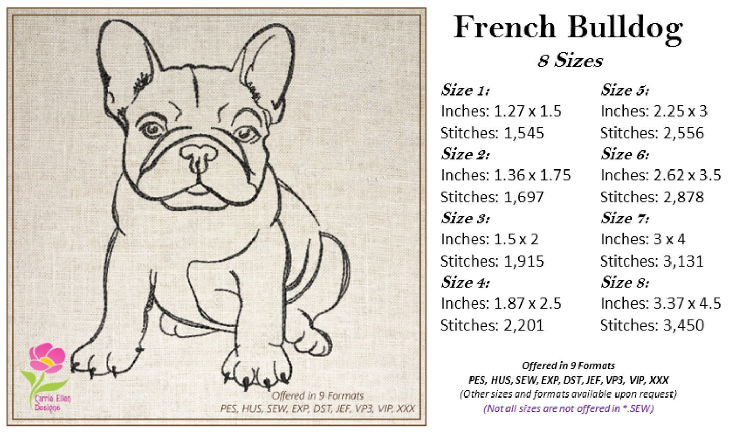 French Bulldog Machine Embroidery Design – Frenchie Line Art Pet Dog Embroidery Pattern, 8 Sizes (0510)
