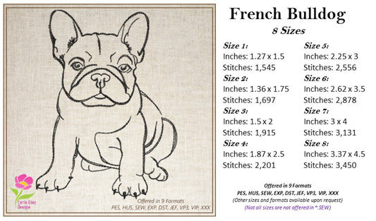 French Bulldog Machine Embroidery Design – Frenchie Line Art Pet Dog Embroidery Pattern, 8 Sizes (0510)