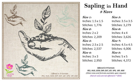 Hand Holding Soil with Plant Sapling Machine Embroidery Design Sketch, Seedling Line Art Design, Seedling Plant Embroidery, 8 Sizes (0250)