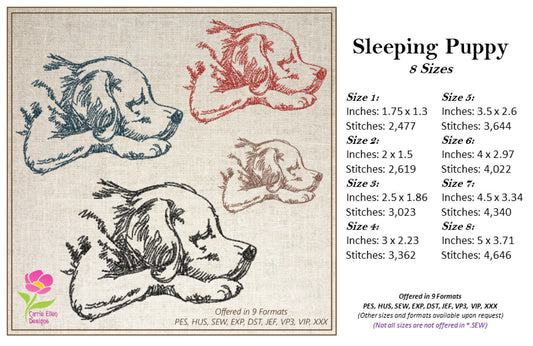 Sleeping Puppy Machine Embroidery Design Sketch – Dog Line Art Pet Embroidery, 8 Sizes (0487)