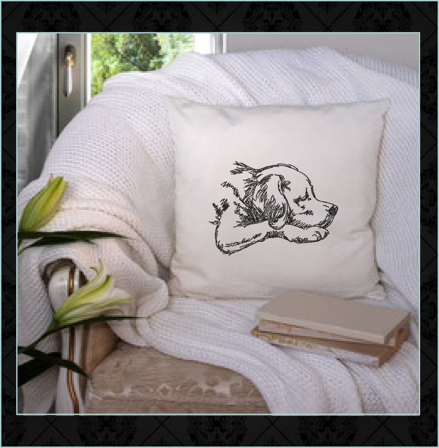 Sleeping Puppy Machine Embroidery Design Sketch – Dog Line Art Pet Embroidery, 8 Sizes (0487)