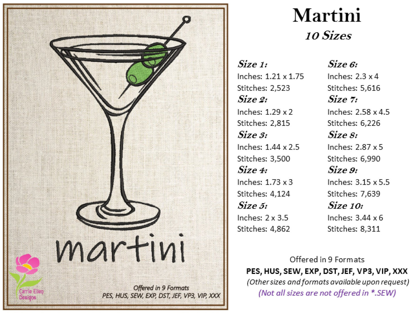 Martini Machine Embroidery Design | Cocktail Glass with Olives | Drink Embroidery Pattern | Bar Decor | 10 Sizes (0874)
