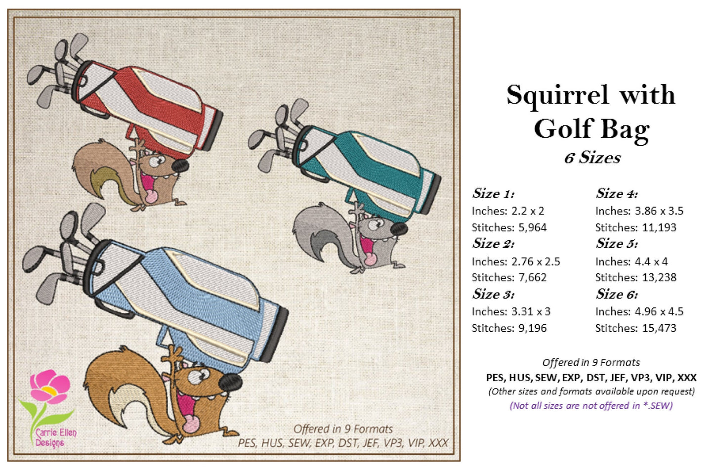 Squirrel Running with Golf Bag Embroidery Design – Cartoon Animal Golfer, Sporty Fun Stitch, 6 Sizes (2017)