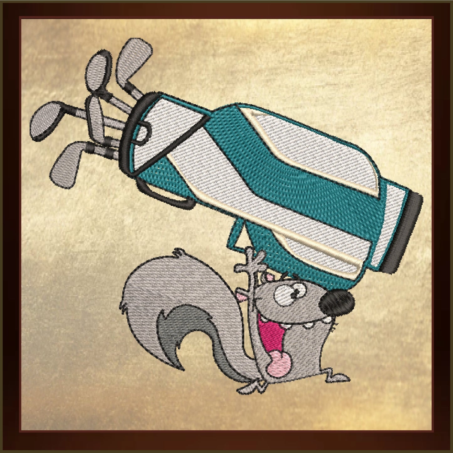 Squirrel Running with Golf Bag Embroidery Design – Cartoon Animal Golfer, Sporty Fun Stitch, 6 Sizes (2017)