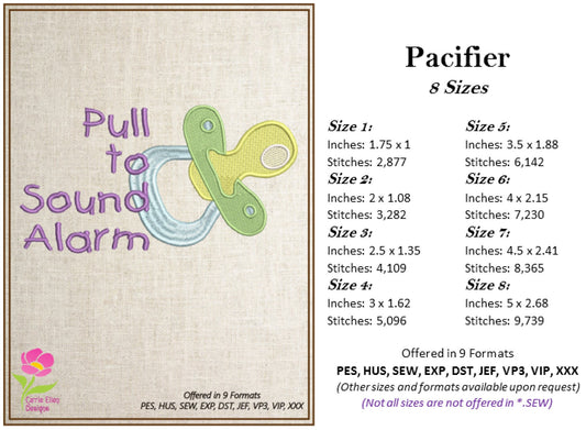 Pull to Sound Alarm Pacifier Machine Embroidery Design, Baby Pacifier Embroidery Design, Baby Bib, Toddler Onesie Designs, 8 Sizes (0231)