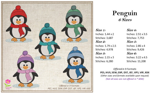 Penguin Machine Embroidery Design, Penguin on an Icy Pond Design, Winter Christmas Seasonal Embroidery Design, 6 sizes (0371)