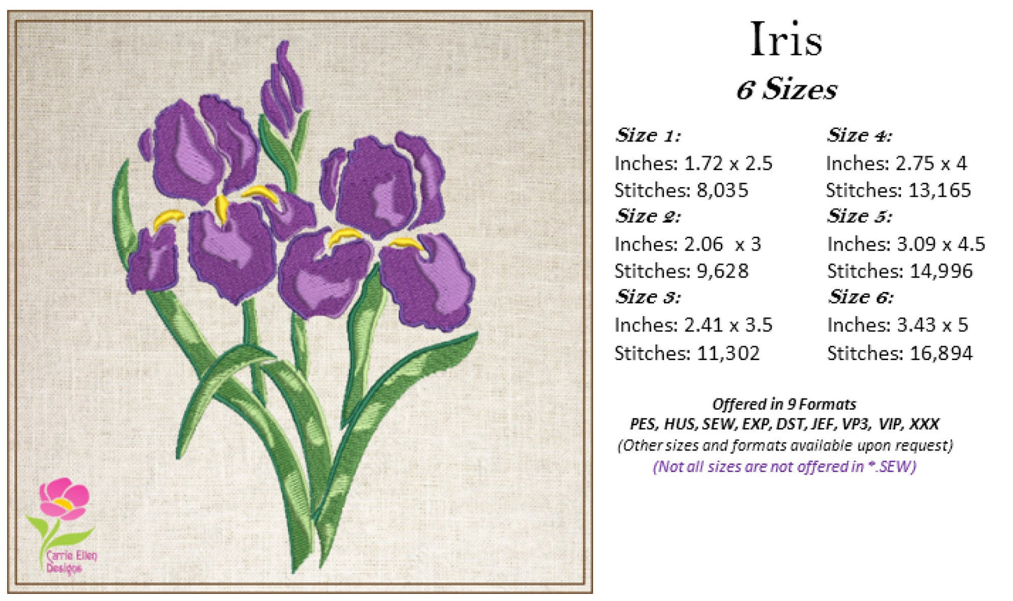 Iris Machine Embroidery Design, Iris Flower Design, Lilac and Purple Iris, Garden Flowers Embroidery, 6 Sizes. (0317)