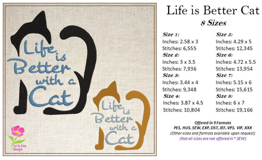 Life is Better with a Cat Embroidery Design, Cat Lover Saying, Digital Machine Embroidery File, 8 Sizes (0387)