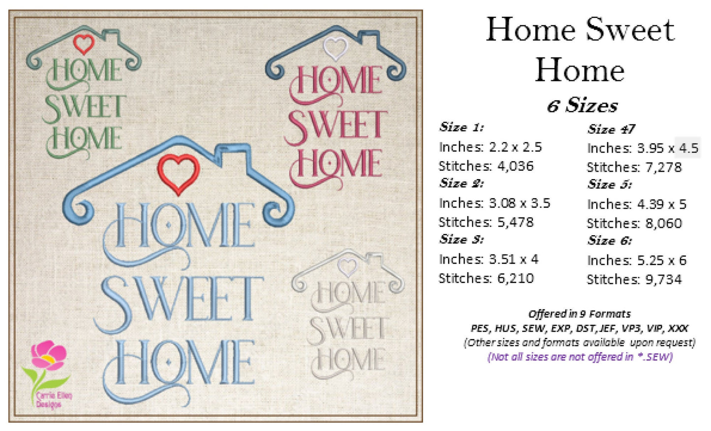 Home Sweet Home Machine Embroidery Design, Vintage Saying Embroidery Design, Home Quote Pattern, 6 Sizes (0411)