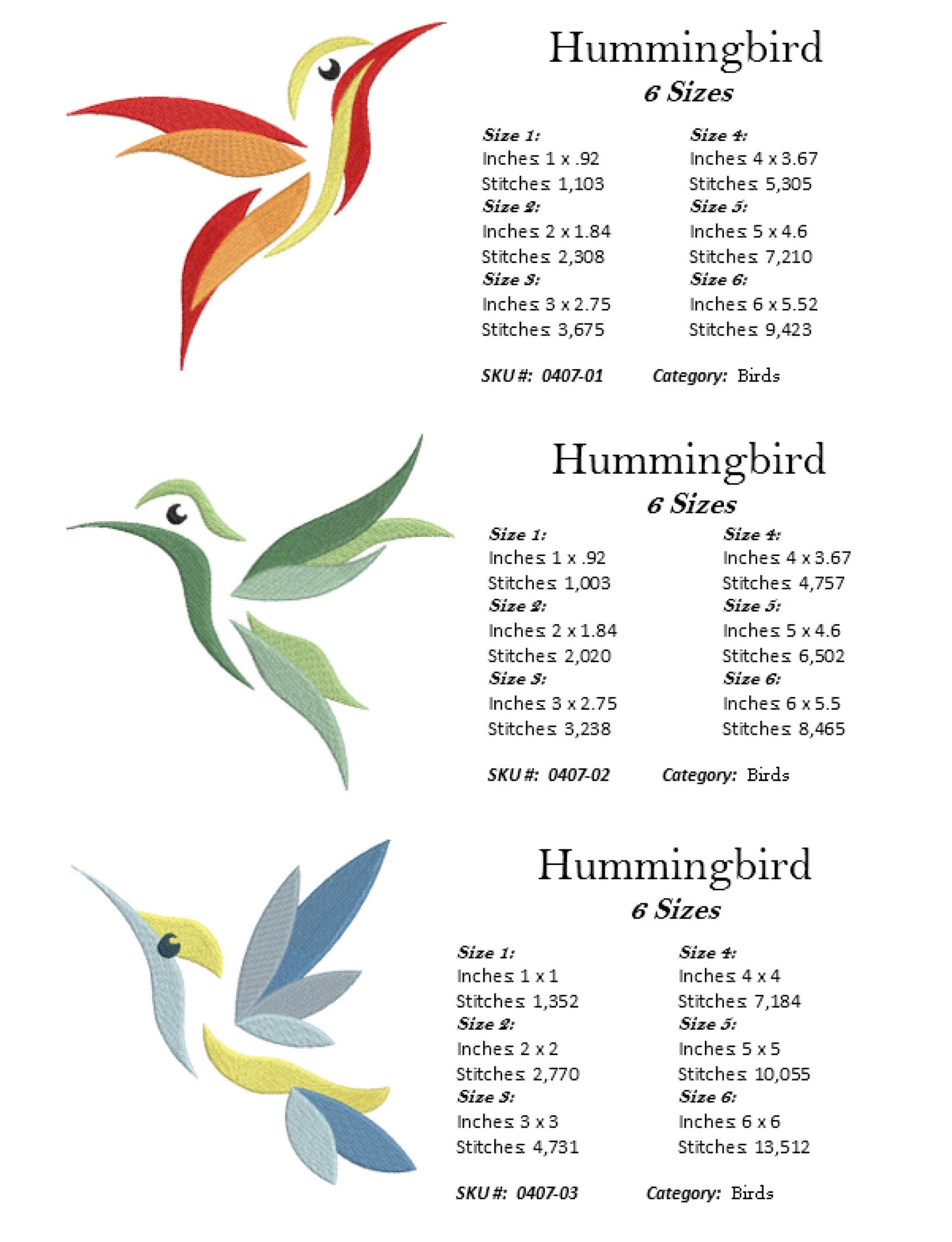 Hummingbird Machine Embroidery Design Bundle, Bird Embroidery Design, Colorful Birds Embroidery Pattern, 3 Designs, 6 Sizes Each (0407)