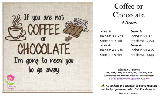 Coffee or Chocolate? Funny Machine Embroidery Design Saying – Snarky Quote for Décor & Gifts, 4 Sizes (0460)