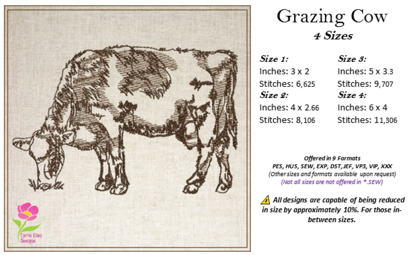 Grazing Cow Machine Embroidery Sketch Design, Farm Animal Line Art Designs, Embroidered Illustration Animal, 4 Sizes (0436)