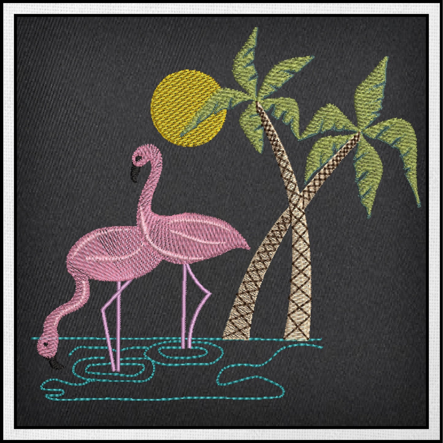 Wading Flamingos Machine Embroidery Design – Tropical Birds with Palm Tree, Summer Island Animal Embroidery, 4 Sizes (0461)