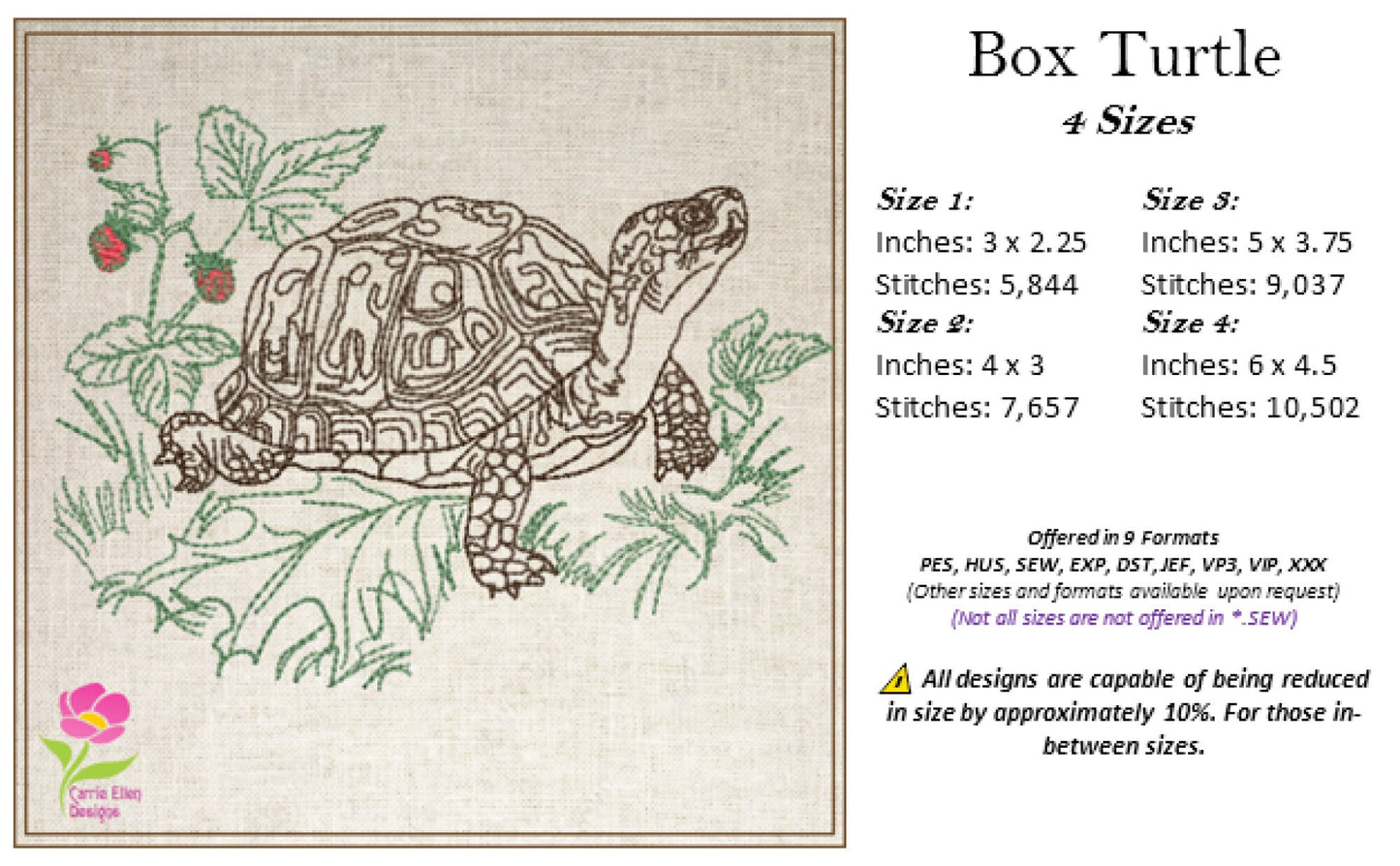 Turtle Machine Embroidery Design, Tortoise Sketch Embroidery Design, Redwork Line Art Animal Pattern, 4 Sizes (0444)